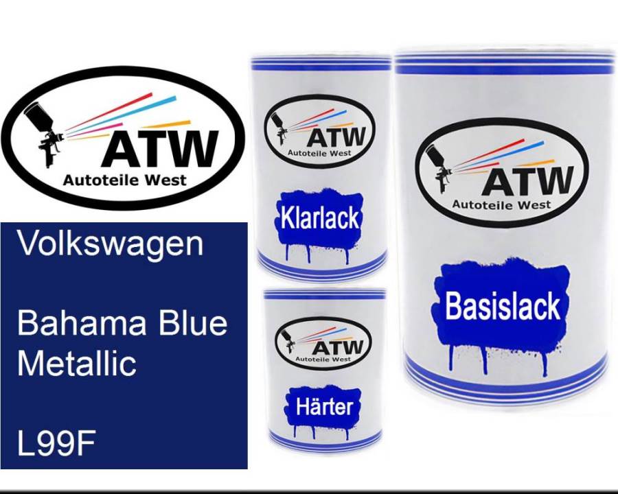 Volkswagen, Bahama Blue Metallic, L99F: 500ml Lackdose + 500ml Klarlack + 250ml Härter - Set, von ATW Autoteile West.